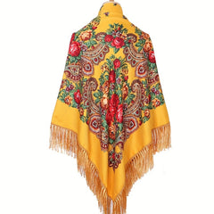 Vintage Flower Print Oversized Shawl with Tassel Wrap