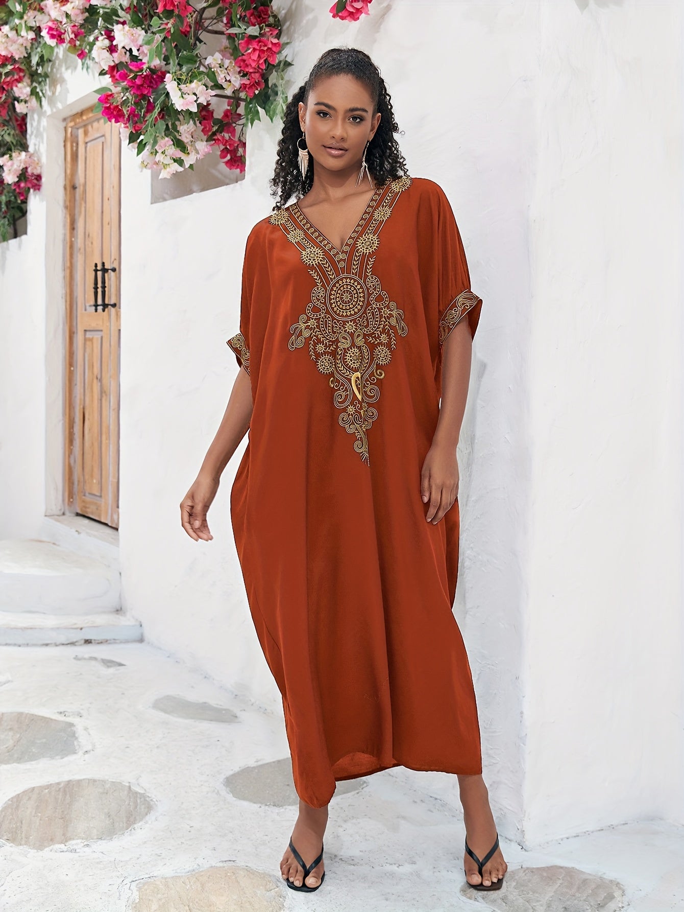 Boho Abaya Maxi Dress Women's Plus Batwing Sleeve V Neck Geometric