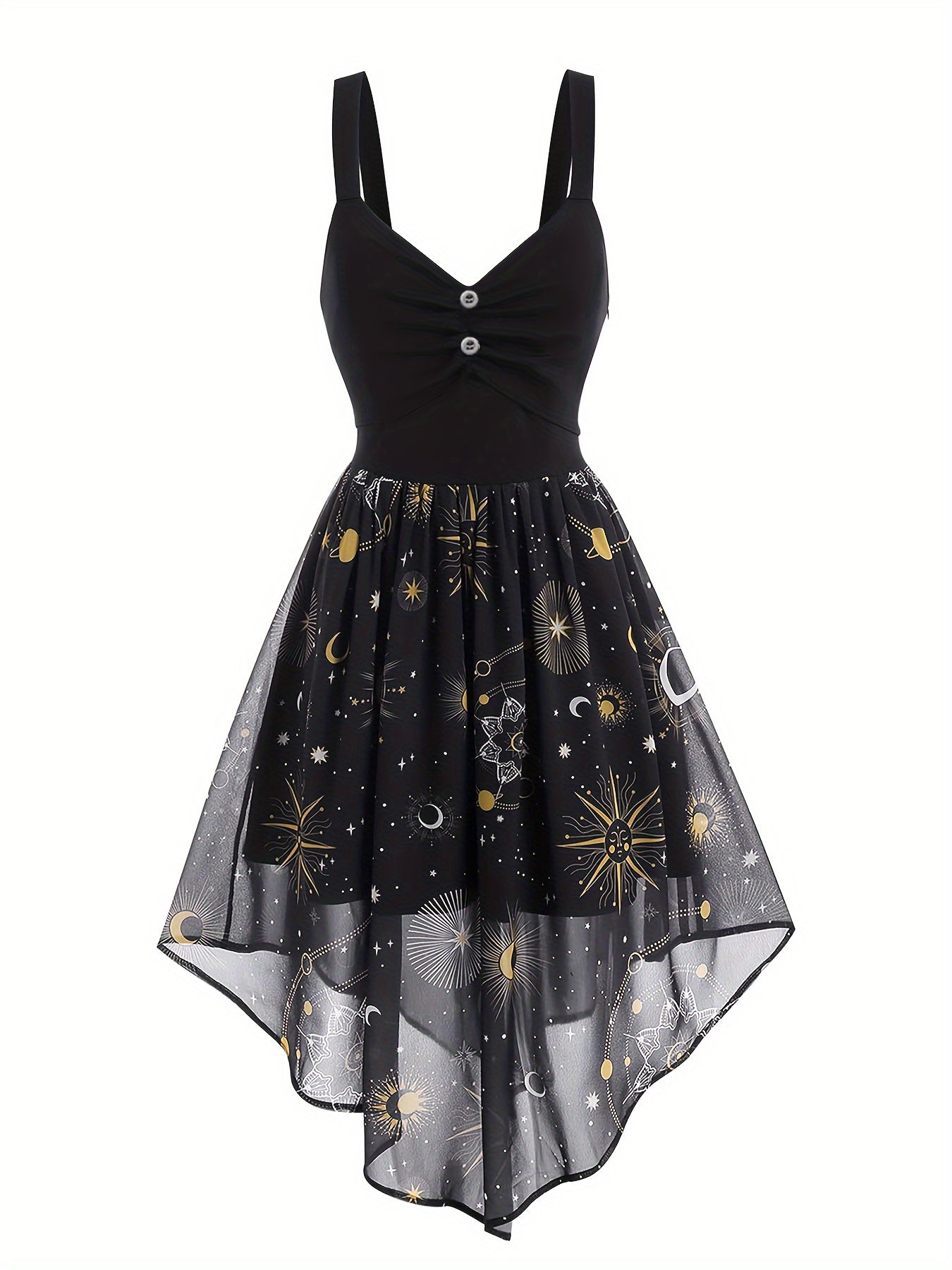  Moon & Sun Print Mesh Layered Cami Dress