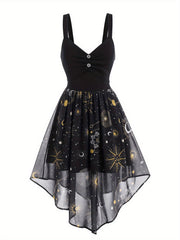  Moon & Sun Print Mesh Layered Cami Dress