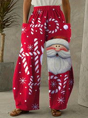  Santa & Snowflake Print Wide Leg Pants