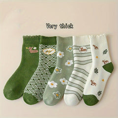 5 Pairs Animal Print Ribbed Socks Mid Tube Stockings