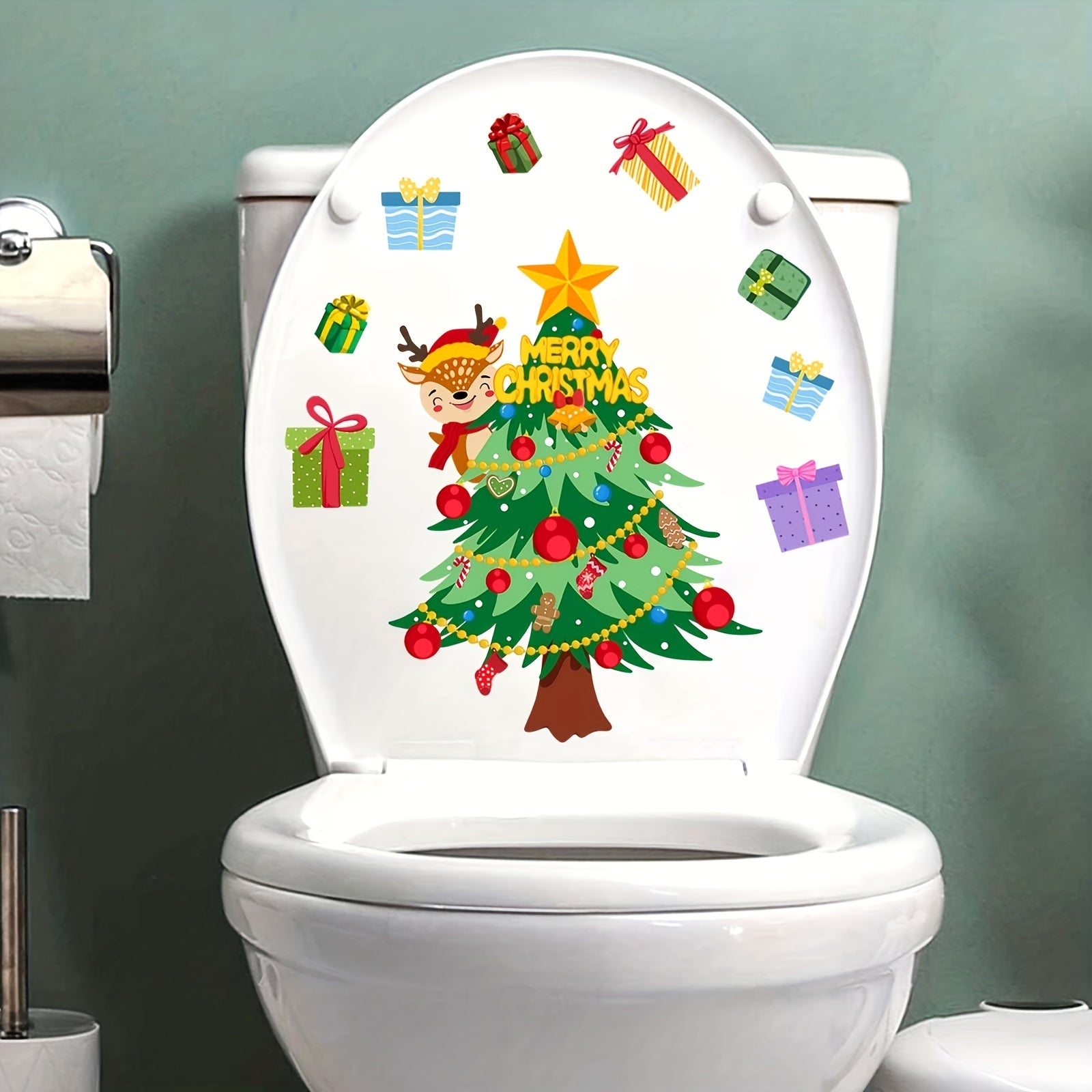 Christmas Tree Snowman Toilet Lid Sticker Self-adhesive Wall Decor