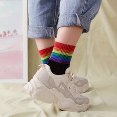 10 Pairs Rainbow Stripe Print Socks Women's Mid Tube Stockings