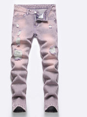 Boys Ripped Skinny Jeans Non-stretch Washed Denim Long Pants