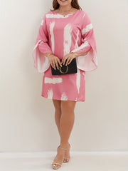  Casual Dress Women's Plus Brush Print Bell Sleeve Round Neck Loose Fit