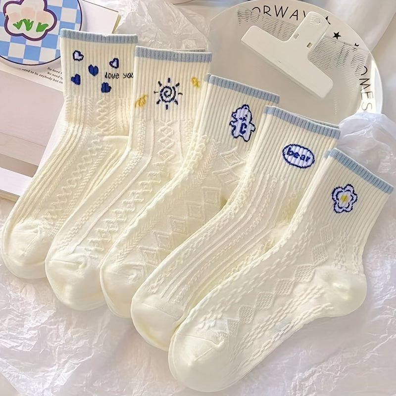 5 Pairs Cartoon Print Socks Comfy & Mid Tube Women's Stockings