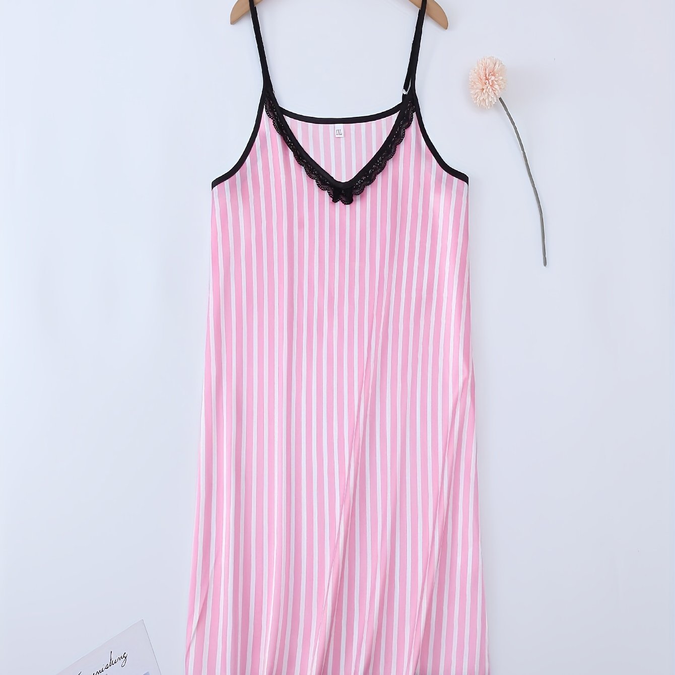  Striped Print Lace Trim Satin Cami Sleep Dress