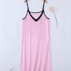 Striped Print Lace Trim Satin Cami Sleep Dress