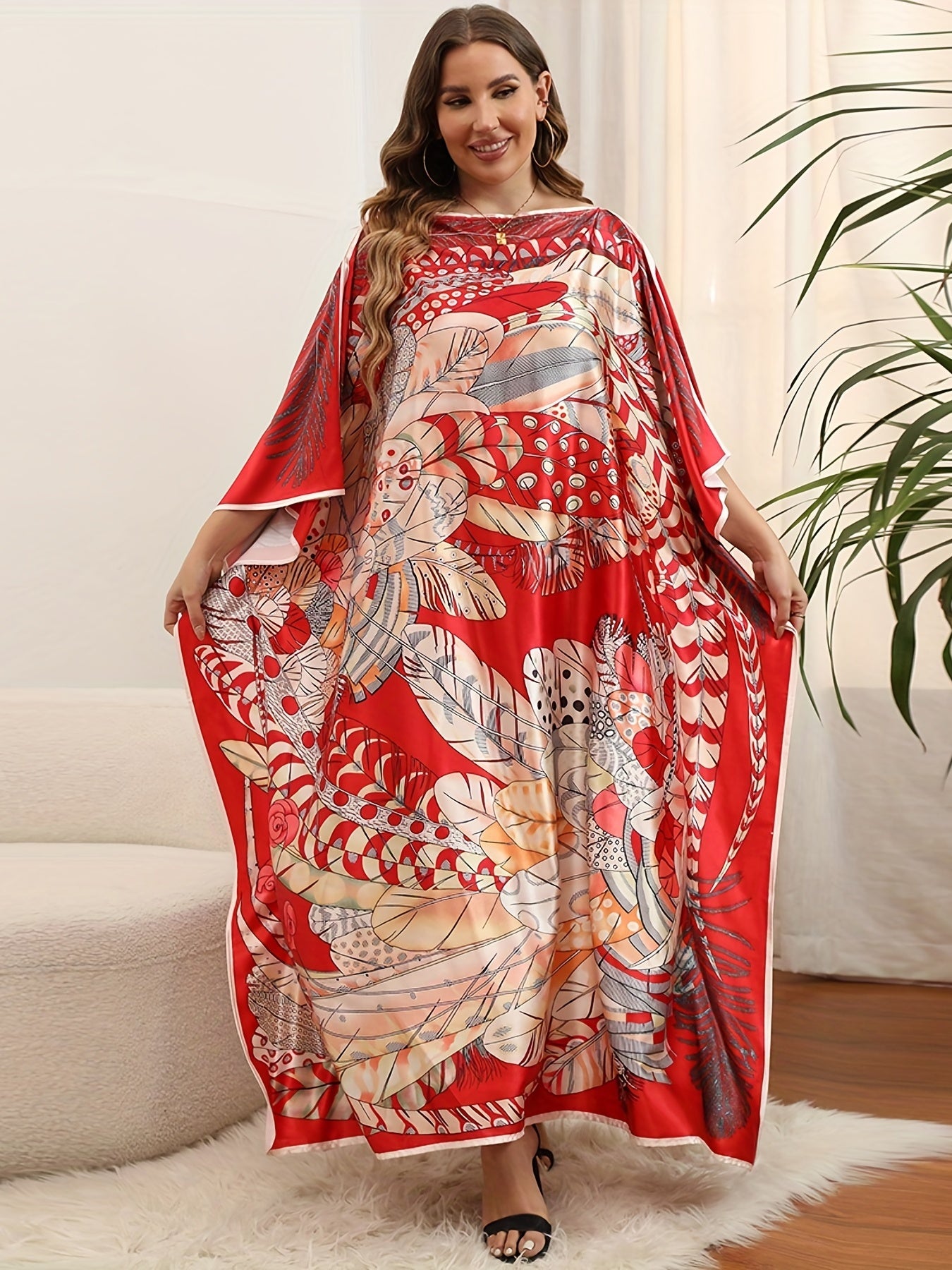  Feather Print Maxi Cover Up Dress