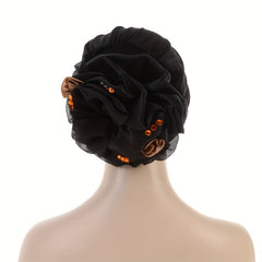 Mesh Pleated Flower Turban Cap Head Wrap Rhinestone Decor