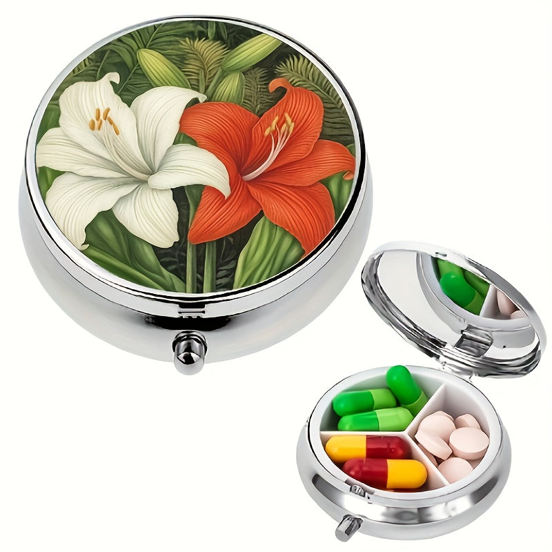 Metal Lily Flower Pattern Medicine Box 3 Compartments Travel Vitamin Storage