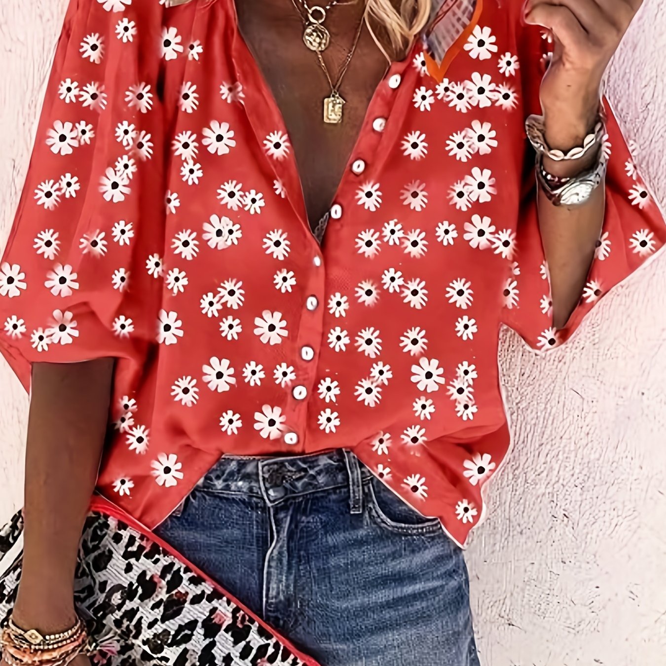  Daisy Print Blouse Long Sleeve Turn Down Collar Button Up