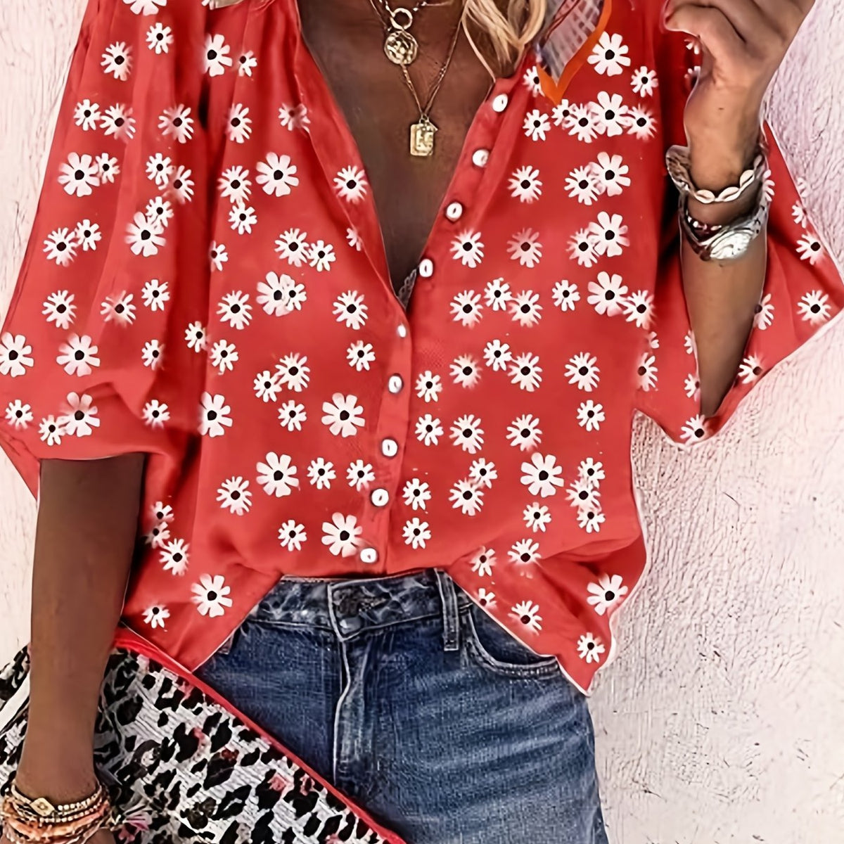  Daisy Print Blouse Long Sleeve Turn Down Collar Button Up