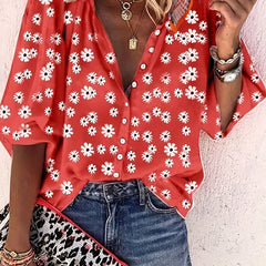  Daisy Print Blouse Long Sleeve Turn Down Collar Button Up