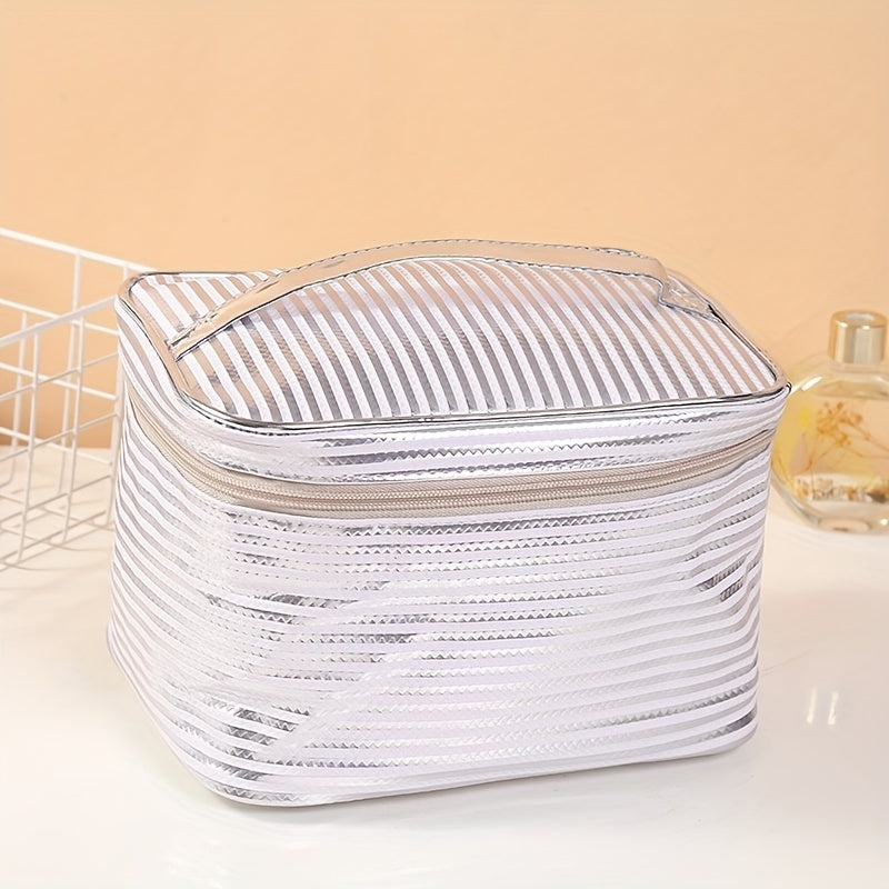 Stripe Printed Glossy Cosmetic Bag Waterproof Makeup Handbag