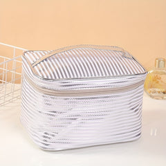Stripe Printed Glossy Cosmetic Bag Waterproof Makeup Handbag
