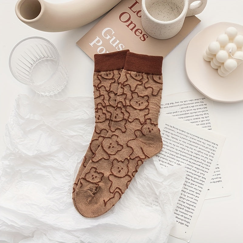 Bear Textured Socks Womens Mid Tube Stockings