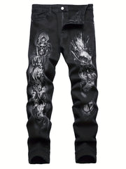 Men's Skull Pattern Washed Jeans Outdoor Pants