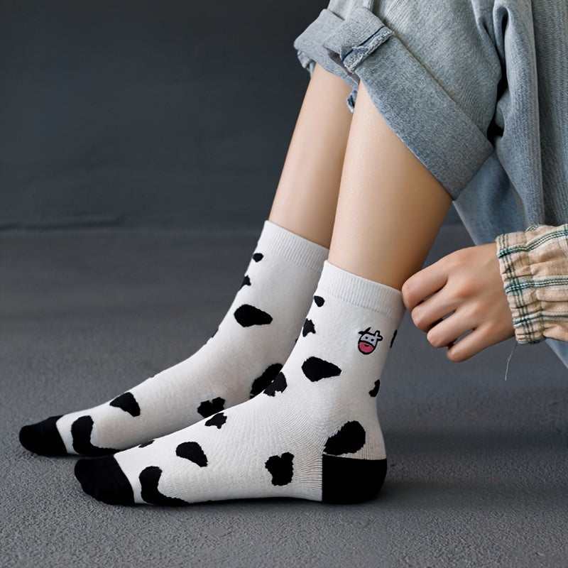 5 Pairs Cartoon Cow Print Socks Women's Comfy Mid Tube Stockings