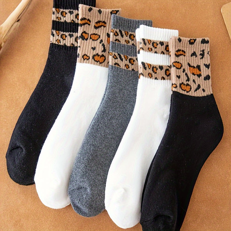 5 Pairs Leopard Print Paneled Socks Soft Mid Tube Stockings & Hosiery