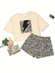  Leopard & Lightning Print Crop Top & Shorts Pajama Set