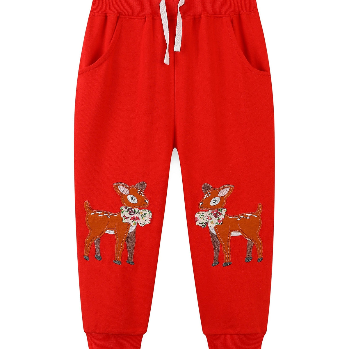 Girls' Animal Embroidered Joggers Pants Drawstring Pockets