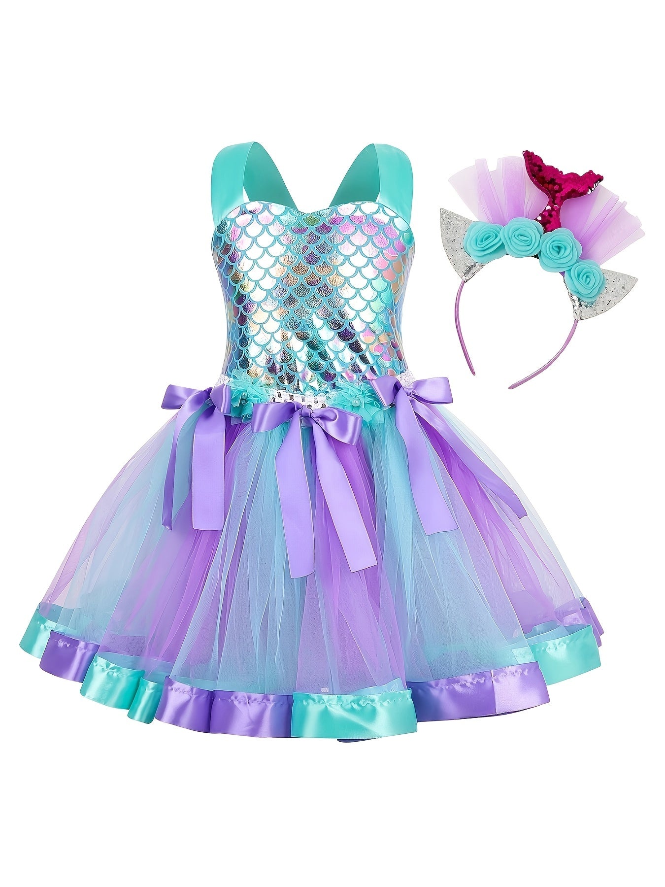 Mermaid Cosplay Costume & Headband Set Girl's Fish Scale Mesh Dress