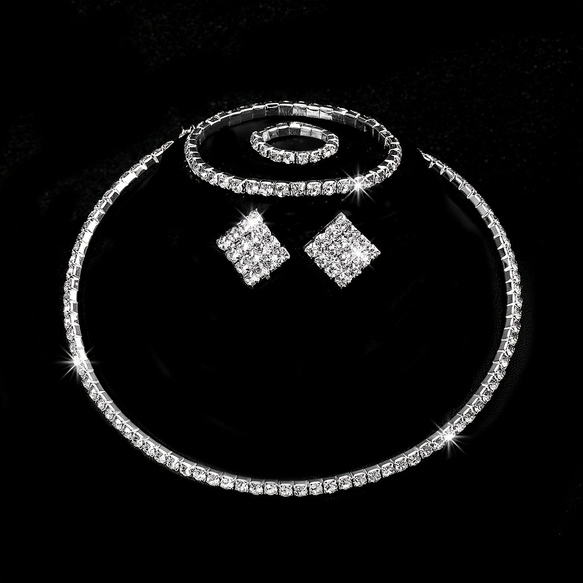 Rhinestone Crystal Jewelry Set: Choker Necklace, Earrings, Bracelet & Ring