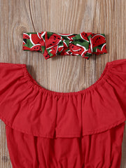 Cute Watermelon Off Shoulder Top & Skort Set with Headband