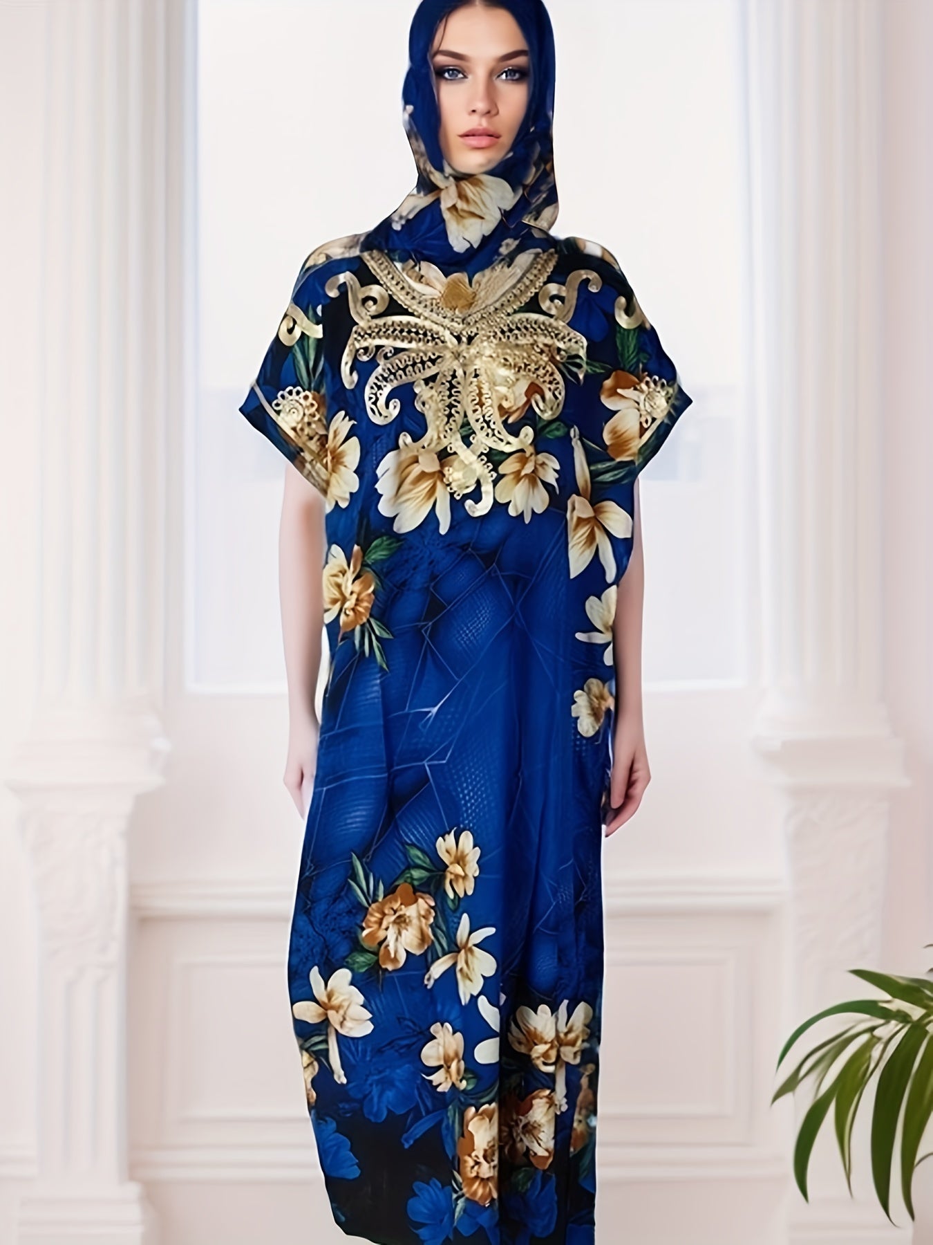  Floral Print Embroidered Bat Sleeve V Neck Maxi Jalabiya Dress