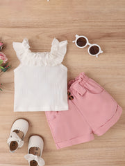 2pcs Baby Girls Ruffle Trim Sleeveless Top & Shorts Set