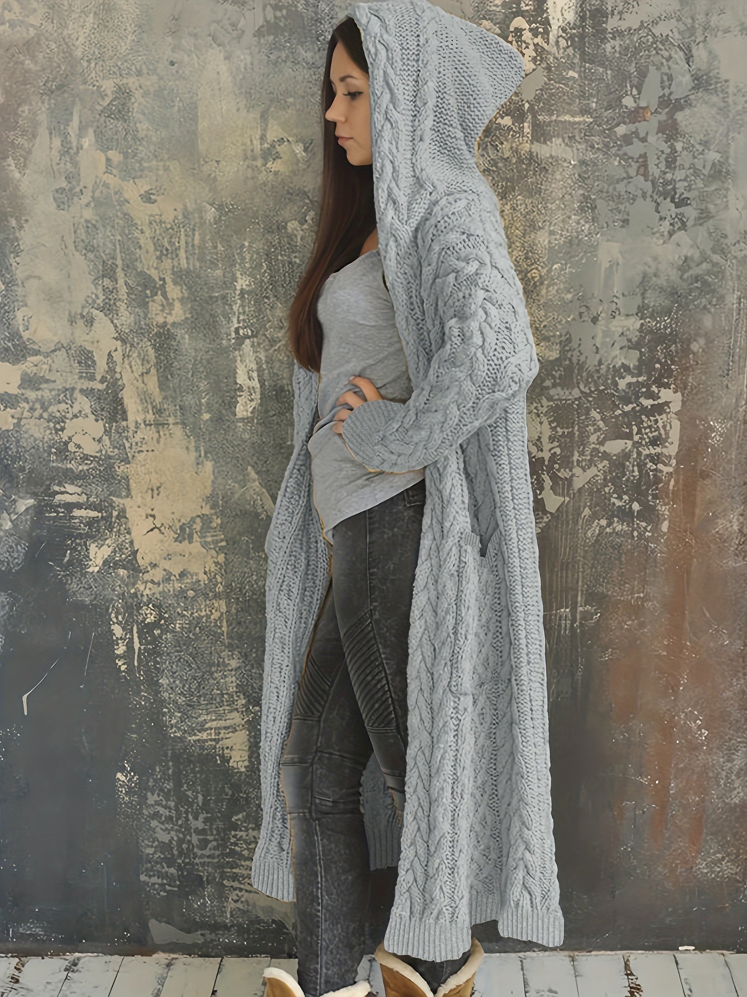  Women's Solid Hooded Cardigan Coat Knitted Sweater Coat