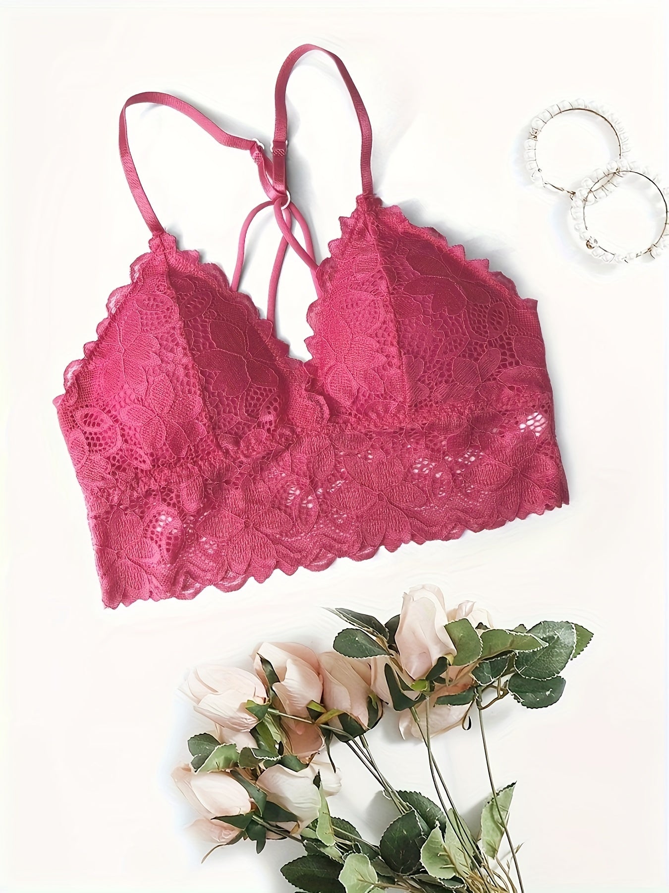Floral Lace Wireless Bra Comfy Scallop Trim Bralette