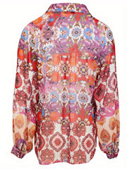 Floral Print Button Up Lantern Sleeve Blouse