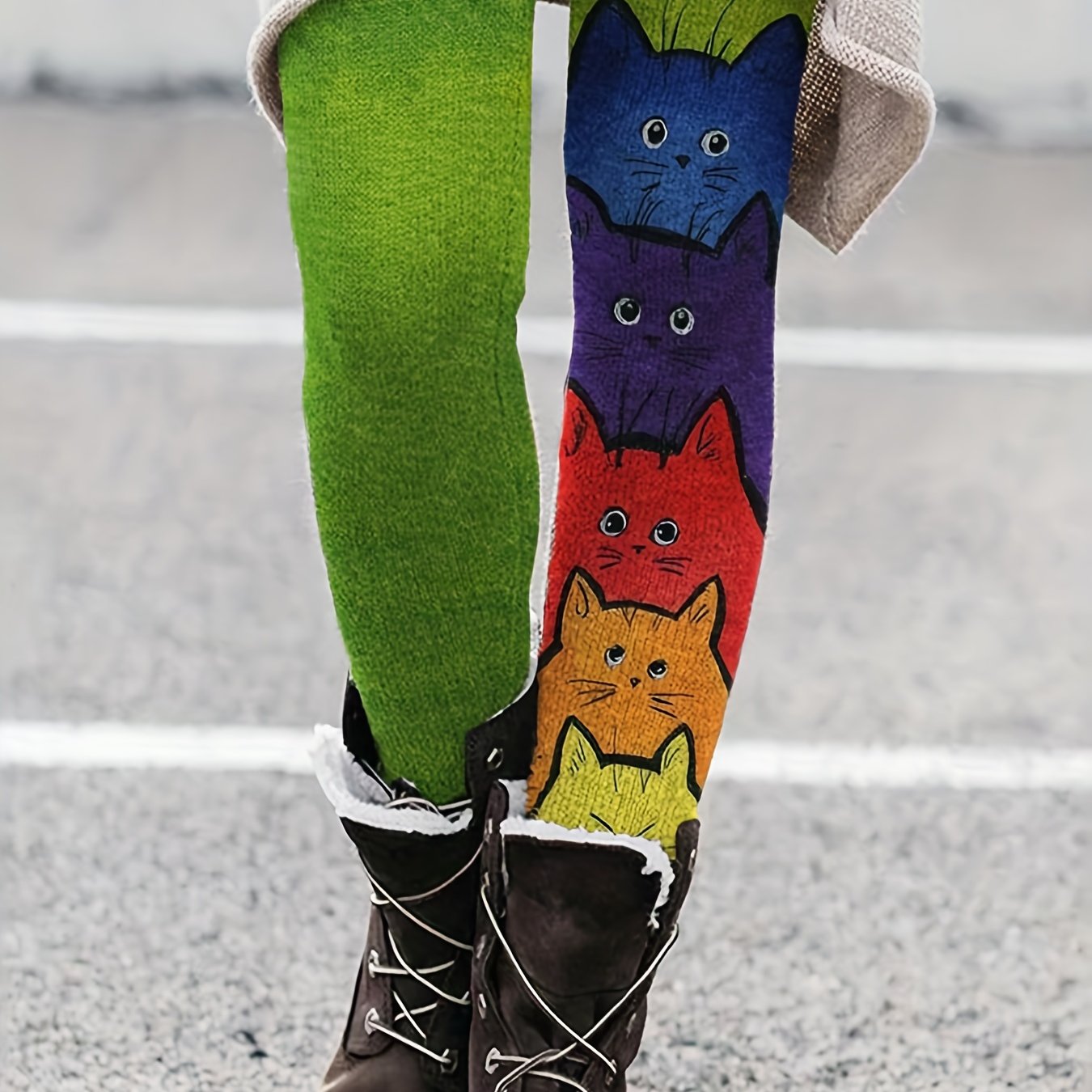 Cat Print Skinny Leggings Elastic Waist Women's Clothing