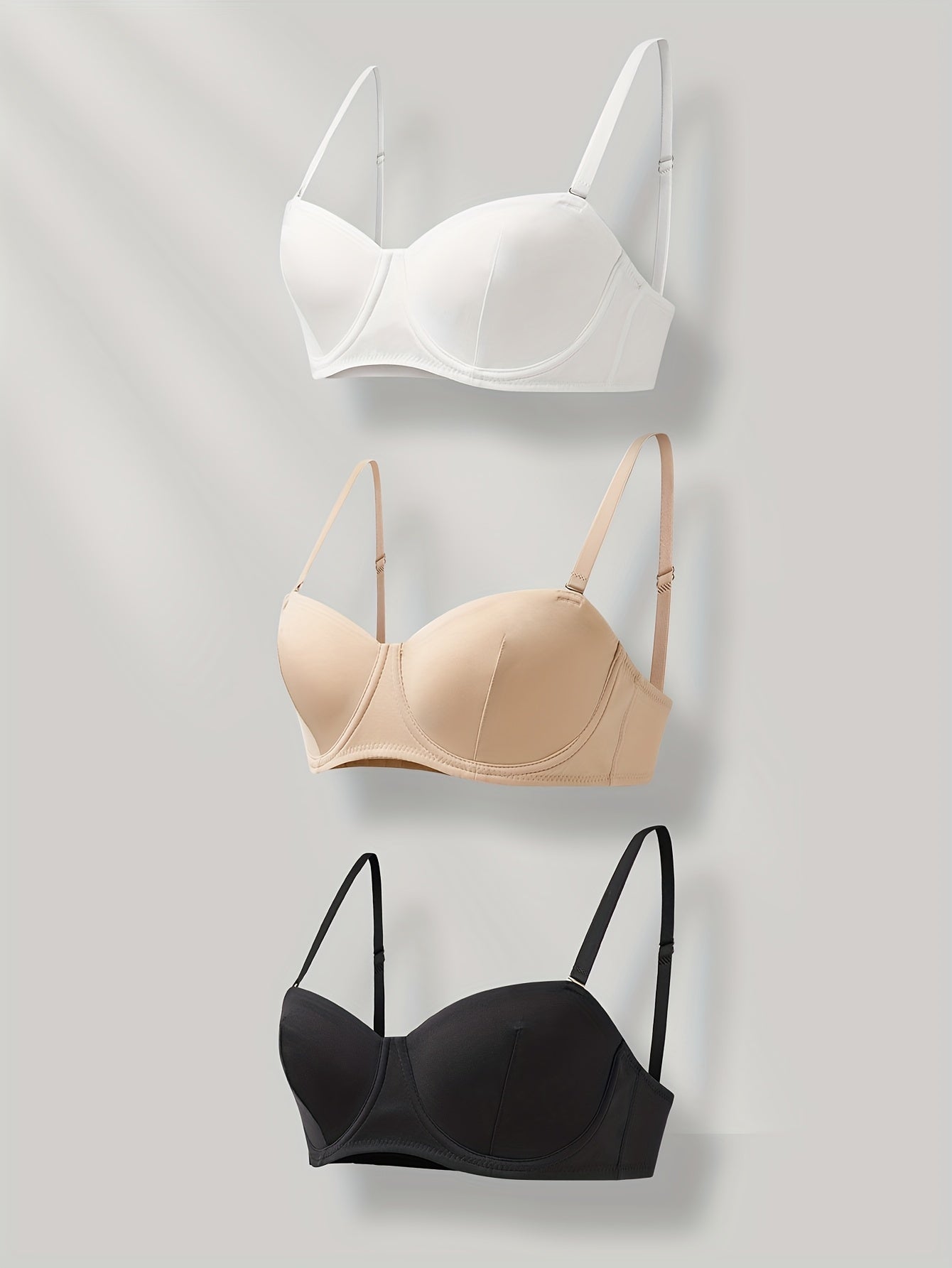3pcs Solid Push Up Bras Comfy & Breathable Women's Lingerie