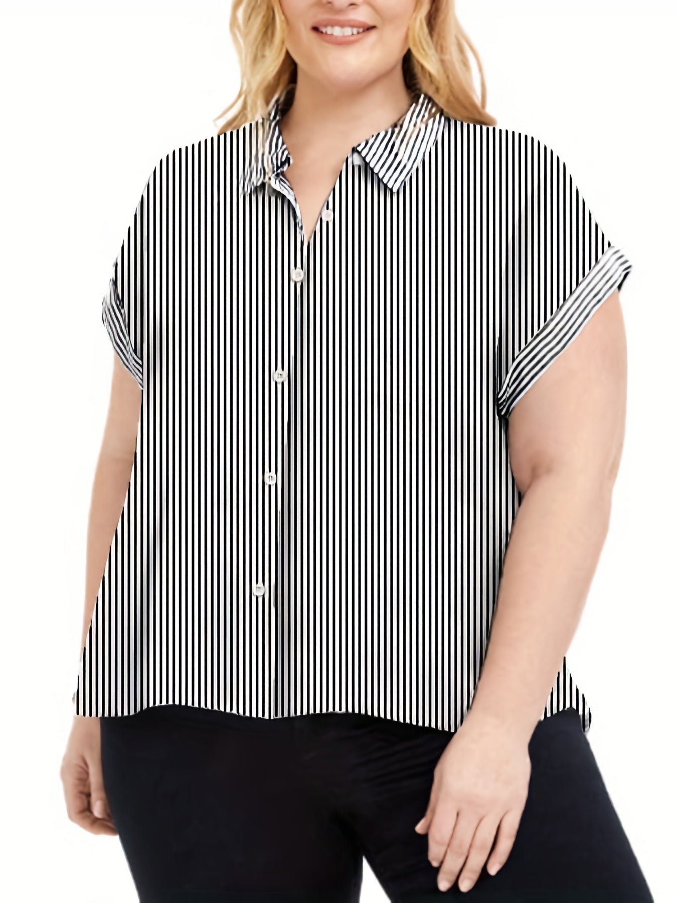  Women's Stripe Print Short Sleeve Button Up Blouse