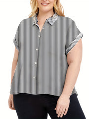  Women's Stripe Print Short Sleeve Button Up Blouse