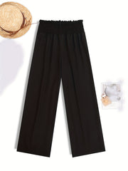  Wide Leg Pants Shirred Waist High Rise Solid Casual