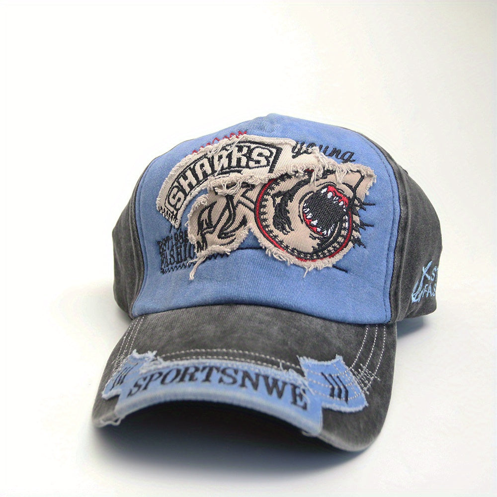 Vintage Washed Embroidery Shark Letter Baseball Cap Men's Sun Visor
