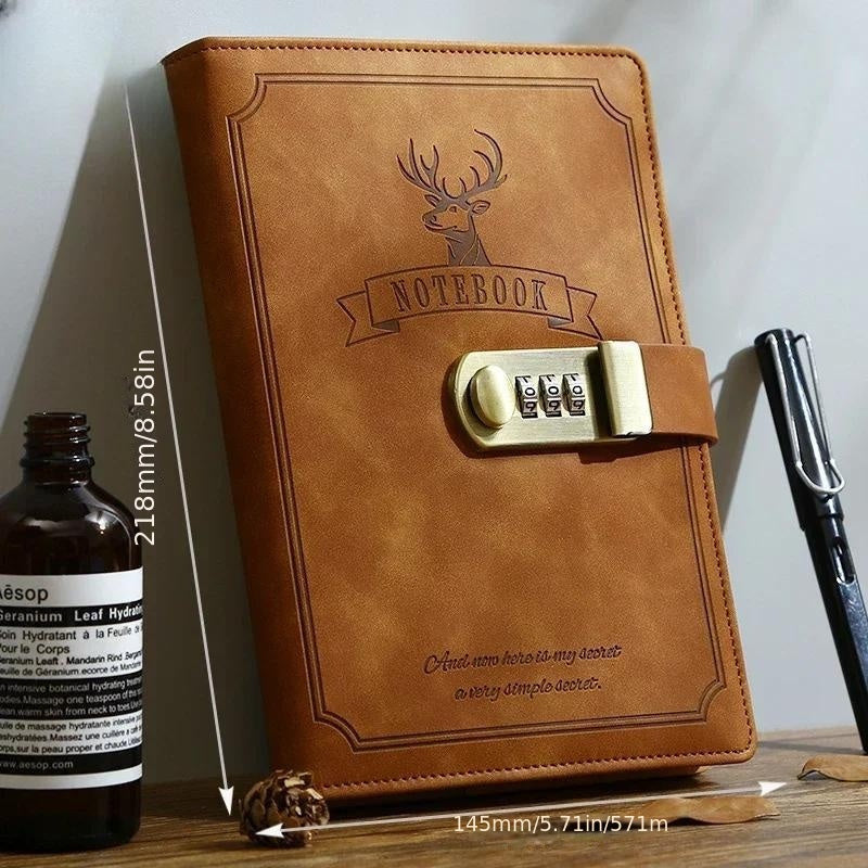 Vintage Leather Diary Notebook with Lock Retro Compass Plain Paper