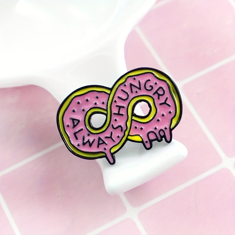 ALWAYS HUNGRY Pink Donut Cartoon Brooch