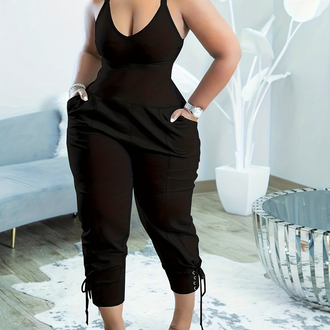 Patch Pocket Drawstring Jumpsuit Casual Sleeveless Jumpsuit