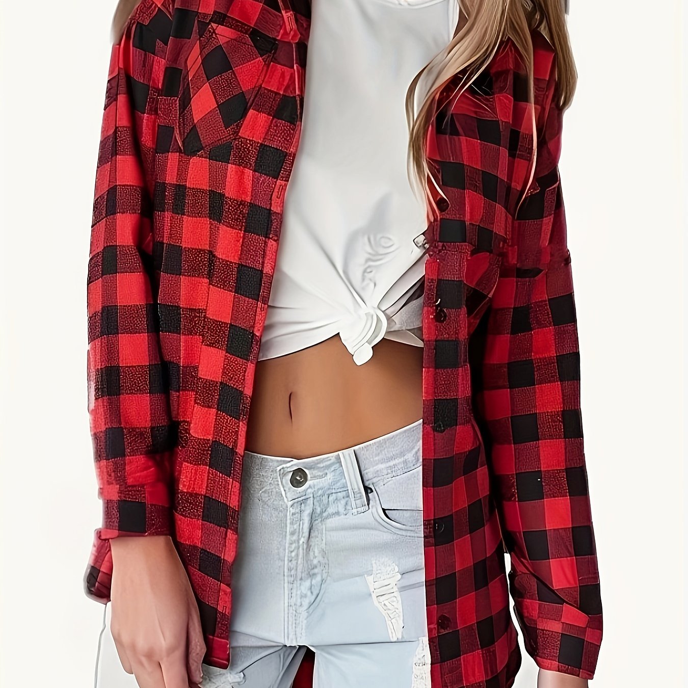  Plaid Print Long Sleeve Button Up Tunic Shirt With Pockets