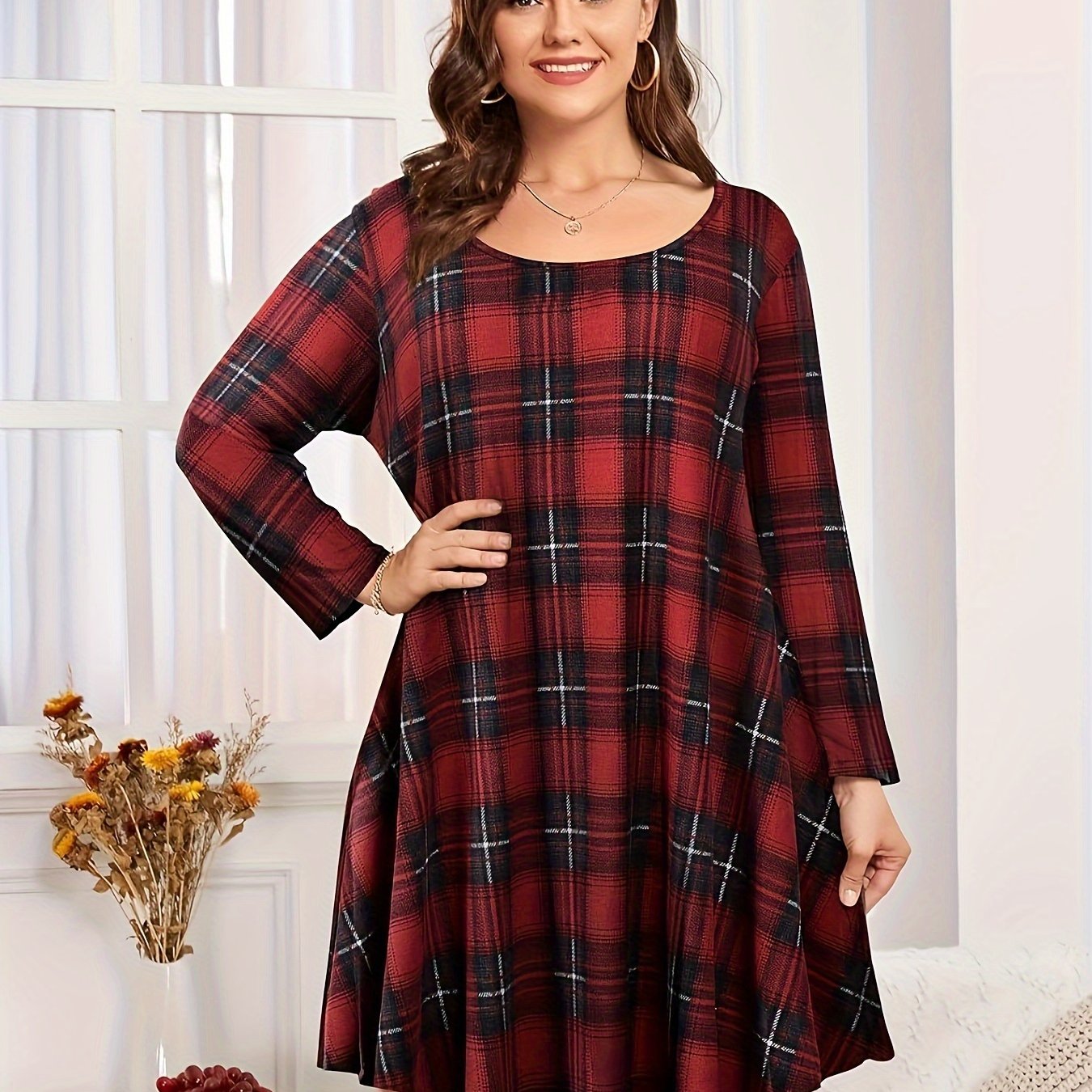  Plaid Print Long Sleeve Dress