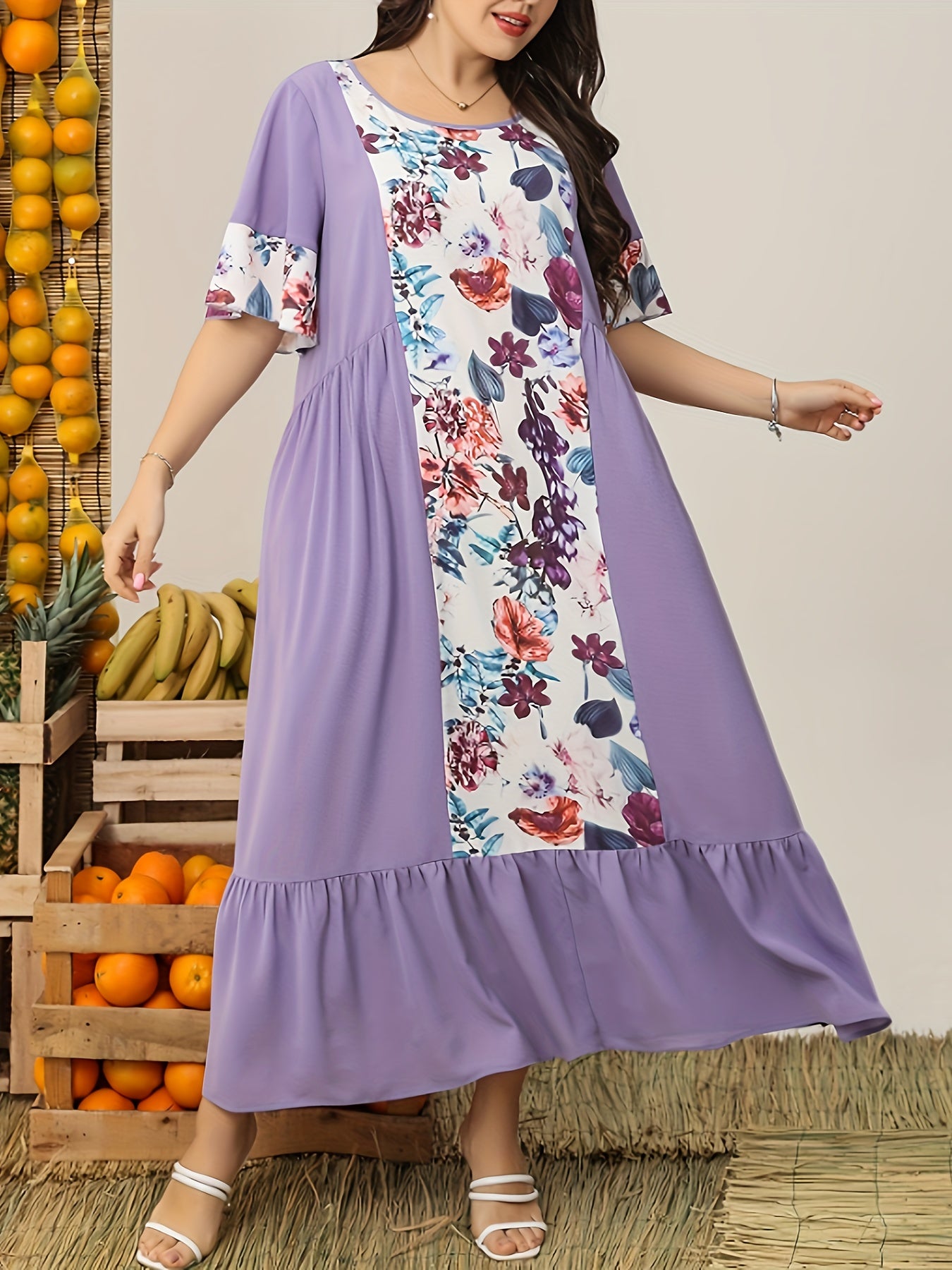  Colorblock Floral Print Butterfly Sleeve Maxi Dress