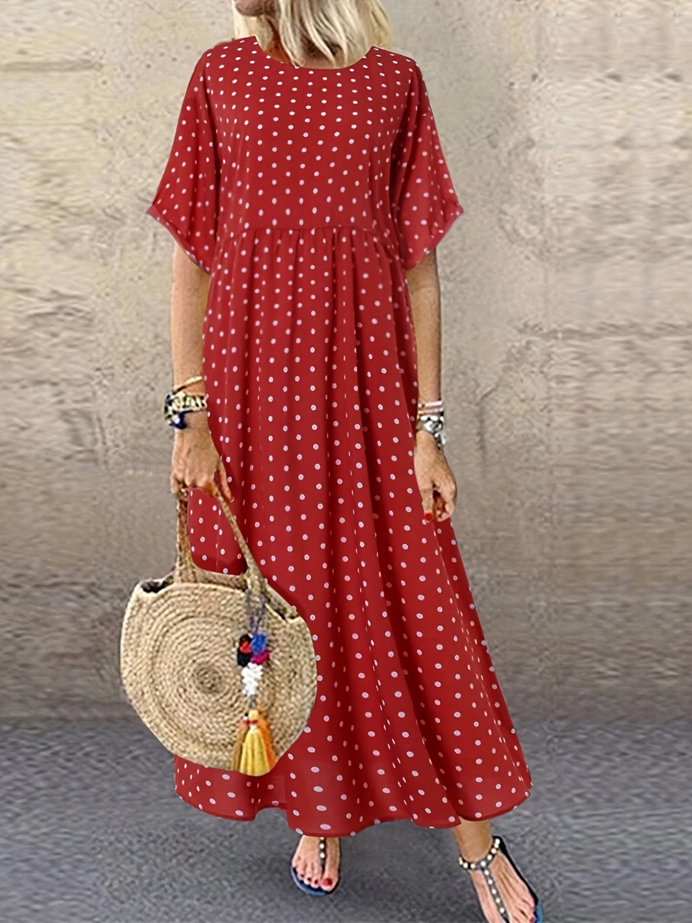  Polka Dot Print Short Sleeve Maxi Dress