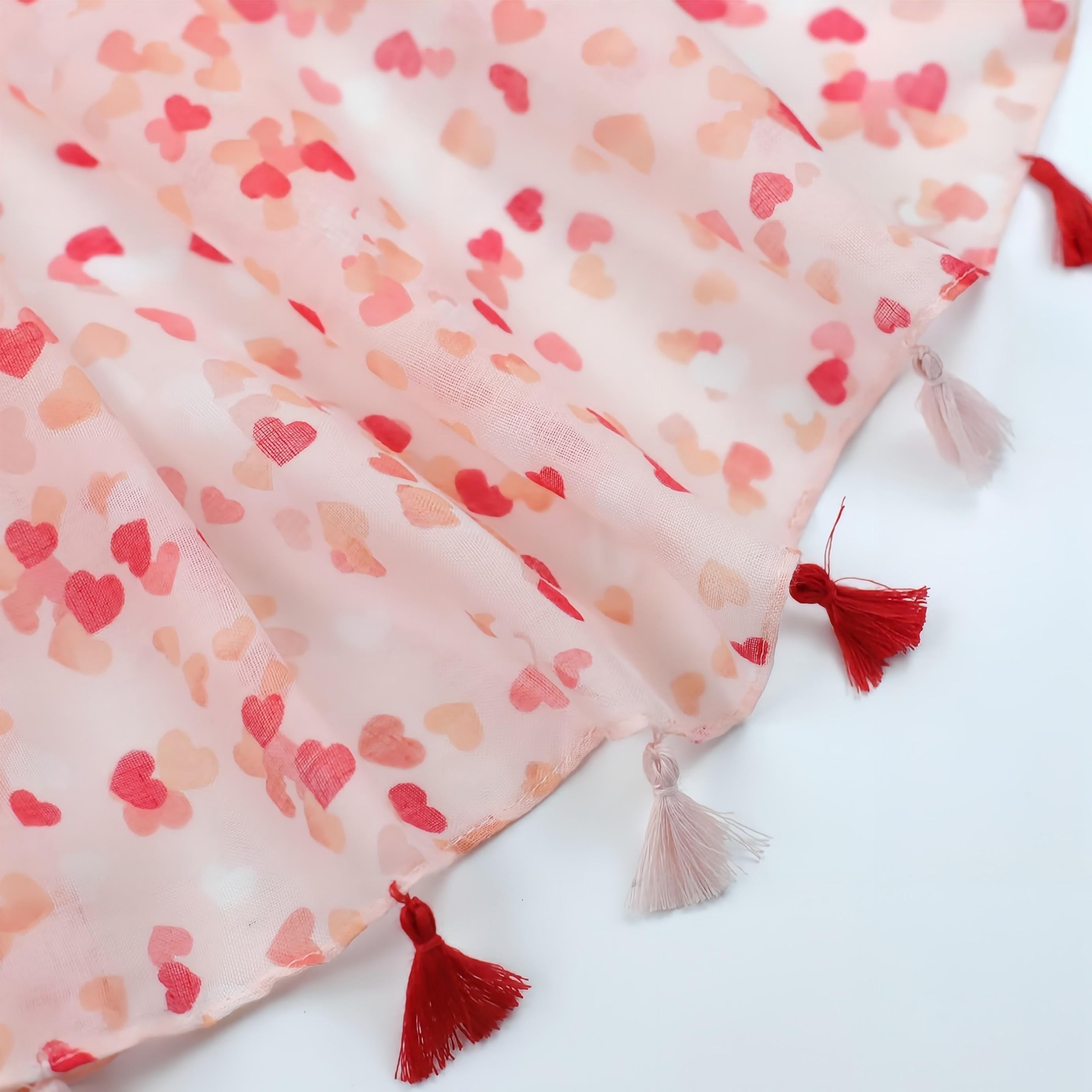 Pink Heart Print Tassel Scarf Shawl Head Wrap Sunscreen Travel Beach Towel