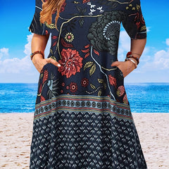  Floral Print Short Sleeve Round Neck Dress With Pockets